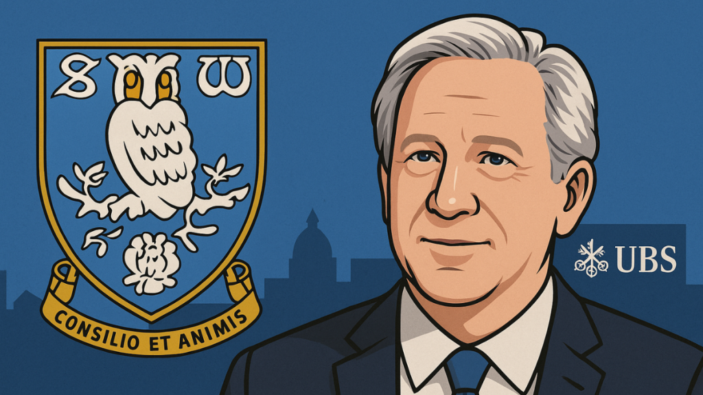 A colorful cartoon-style digital illustration showing potential Sheffield Wednesday takeover talks, featuring John Textor, Dejphon Chansiri, Hillsborough Stadium, and financial themes connected to Textor’s IPO plans.