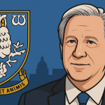 A colorful cartoon-style digital illustration showing potential Sheffield Wednesday takeover talks, featuring John Textor, Dejphon Chansiri, Hillsborough Stadium, and financial themes connected to Textor’s IPO plans.