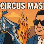 Cartoon-style illustration showing Sheffield Wednesday’s Hillsborough Stadium with a chaotic atmosphere symbolising Dejphon Chansiri’s controversial ownership and ongoing fan unrest.