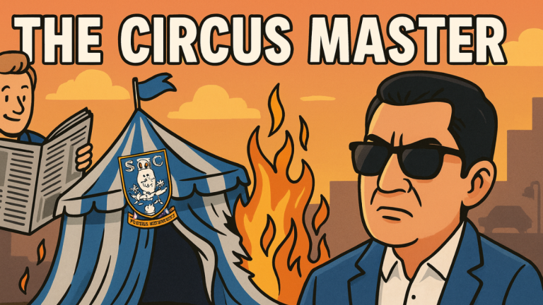 Cartoon-style illustration showing Sheffield Wednesday’s Hillsborough Stadium with a chaotic atmosphere symbolising Dejphon Chansiri’s controversial ownership and ongoing fan unrest.